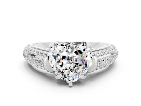 White gold Heart Cut Moissanite Solitaire Ring with Three-Row Pavé Band and Four-Prong Setting_12