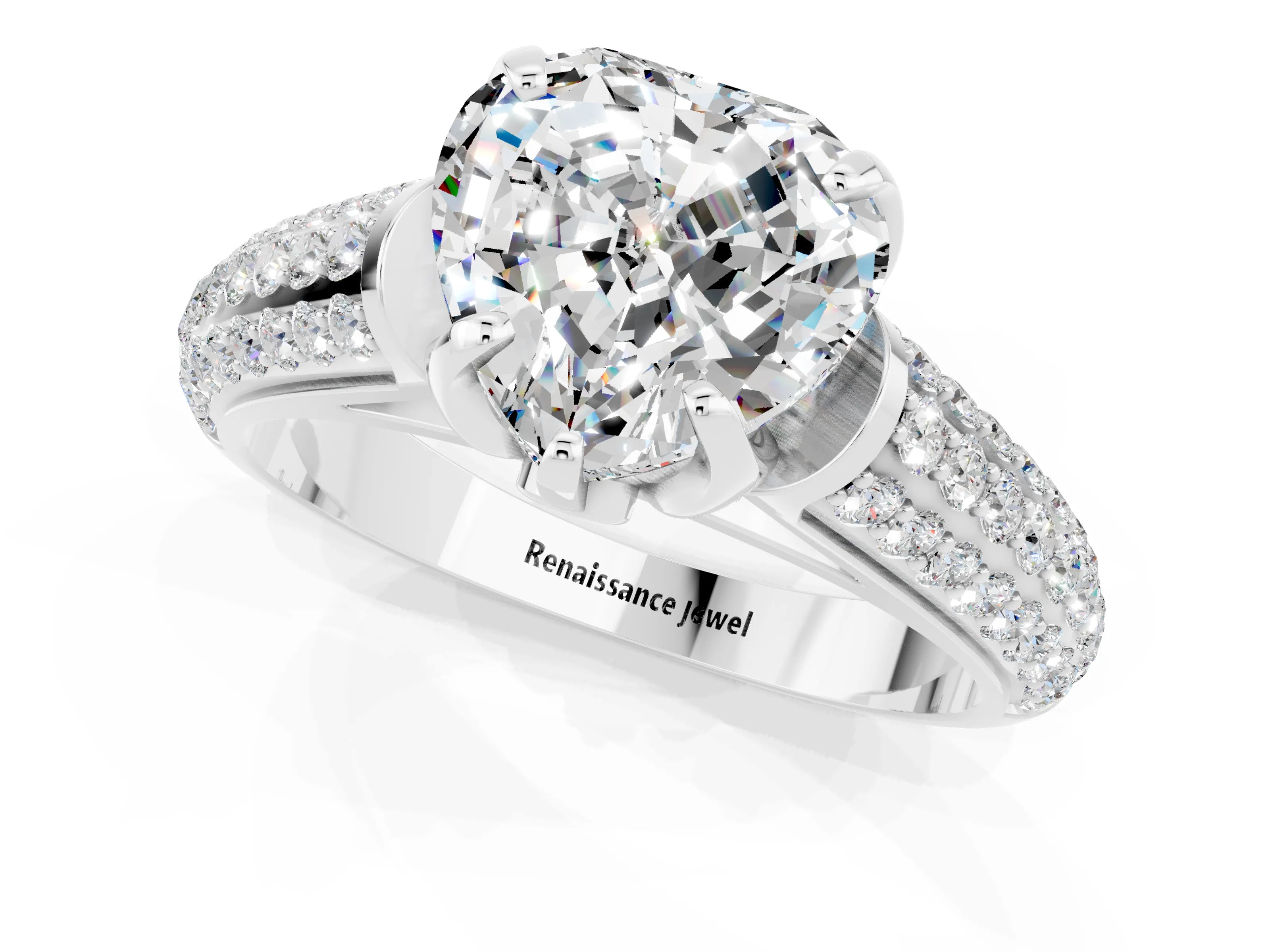 White gold Heart Cut Moissanite Solitaire Ring with Three-Row Pavé Band and Four-Prong Setting_13