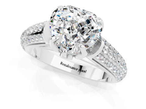 White gold Heart Cut Moissanite Solitaire Ring with Three-Row Pavé Band and Four-Prong Setting_13