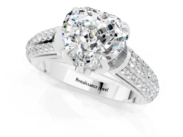 White gold Heart Cut Moissanite Solitaire Ring with Three-Row Pavé Band and Four-Prong Setting