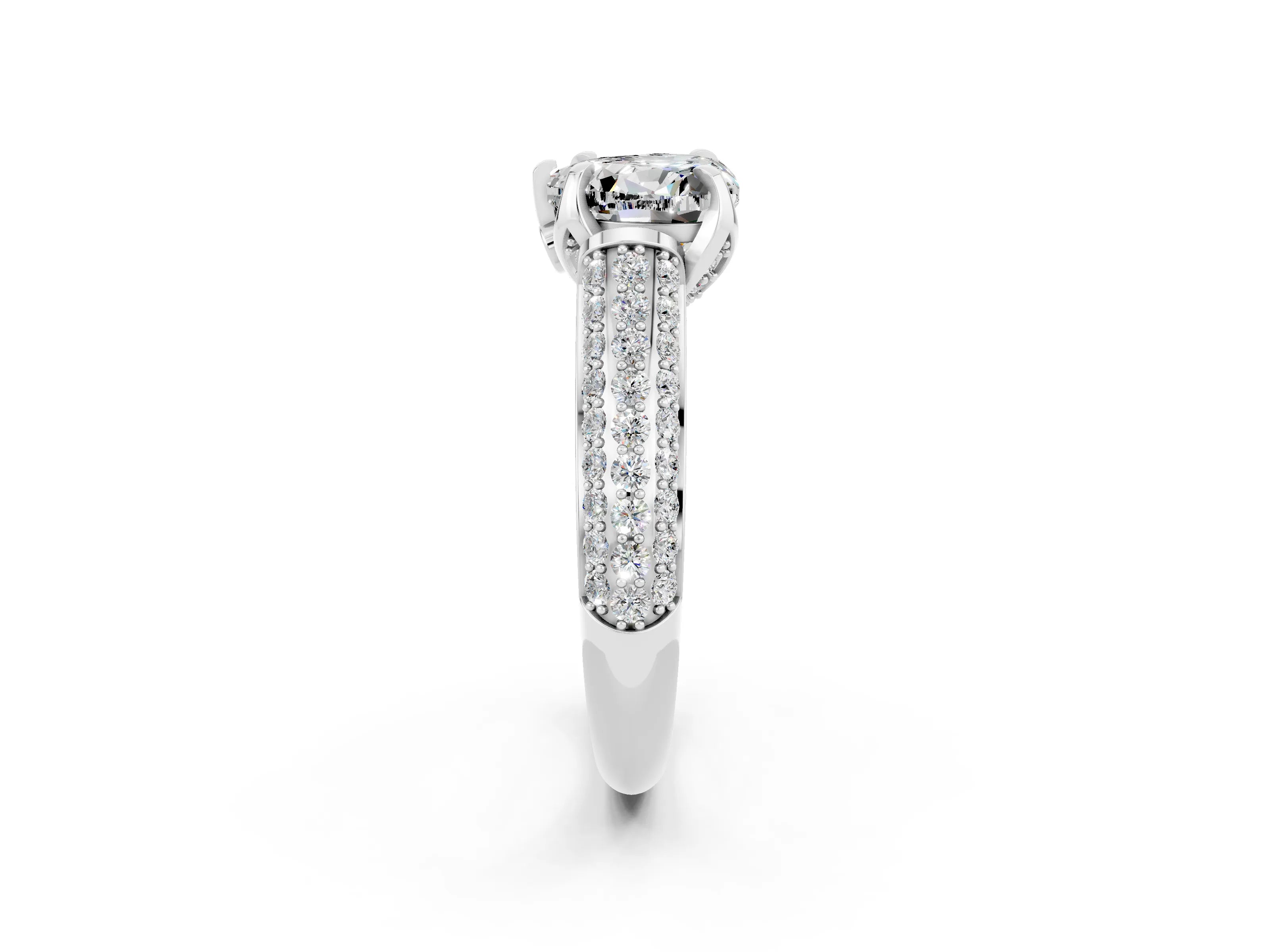 White gold Heart Cut Moissanite Solitaire Ring with Three-Row Pavé Band and Four-Prong Setting_14