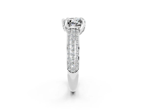 Platinum Heart Cut Moissanite Solitaire Ring with Three-Row Pavé Band and Four-Prong Setting