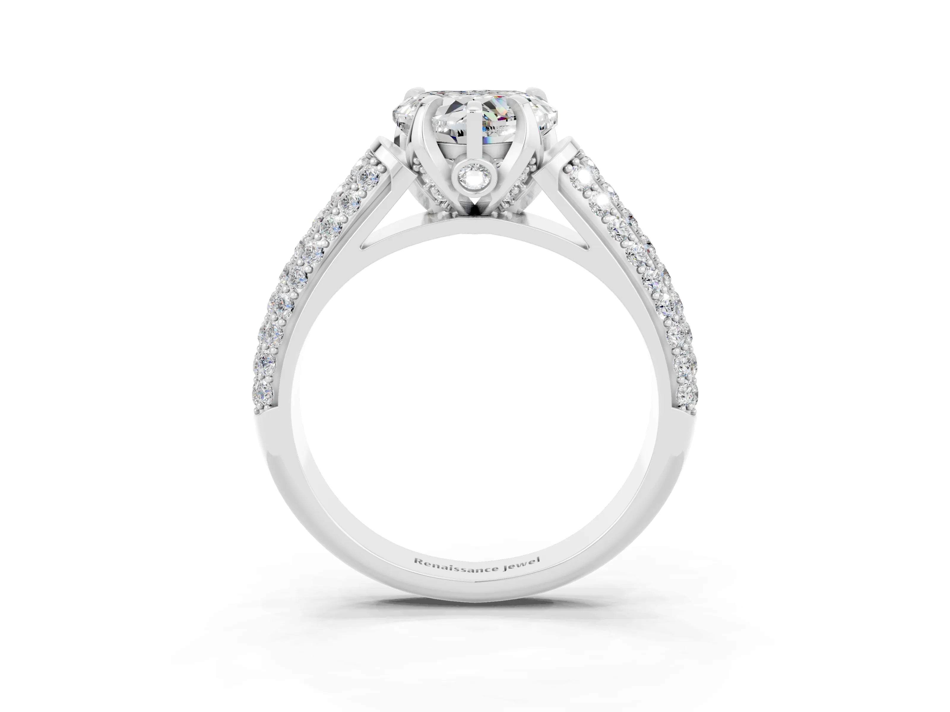 White gold Heart Cut Moissanite Solitaire Ring with Three-Row Pavé Band and Four-Prong Setting_15
