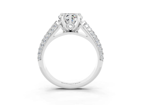 White gold Heart Cut Moissanite Solitaire Ring with Three-Row Pavé Band and Four-Prong Setting