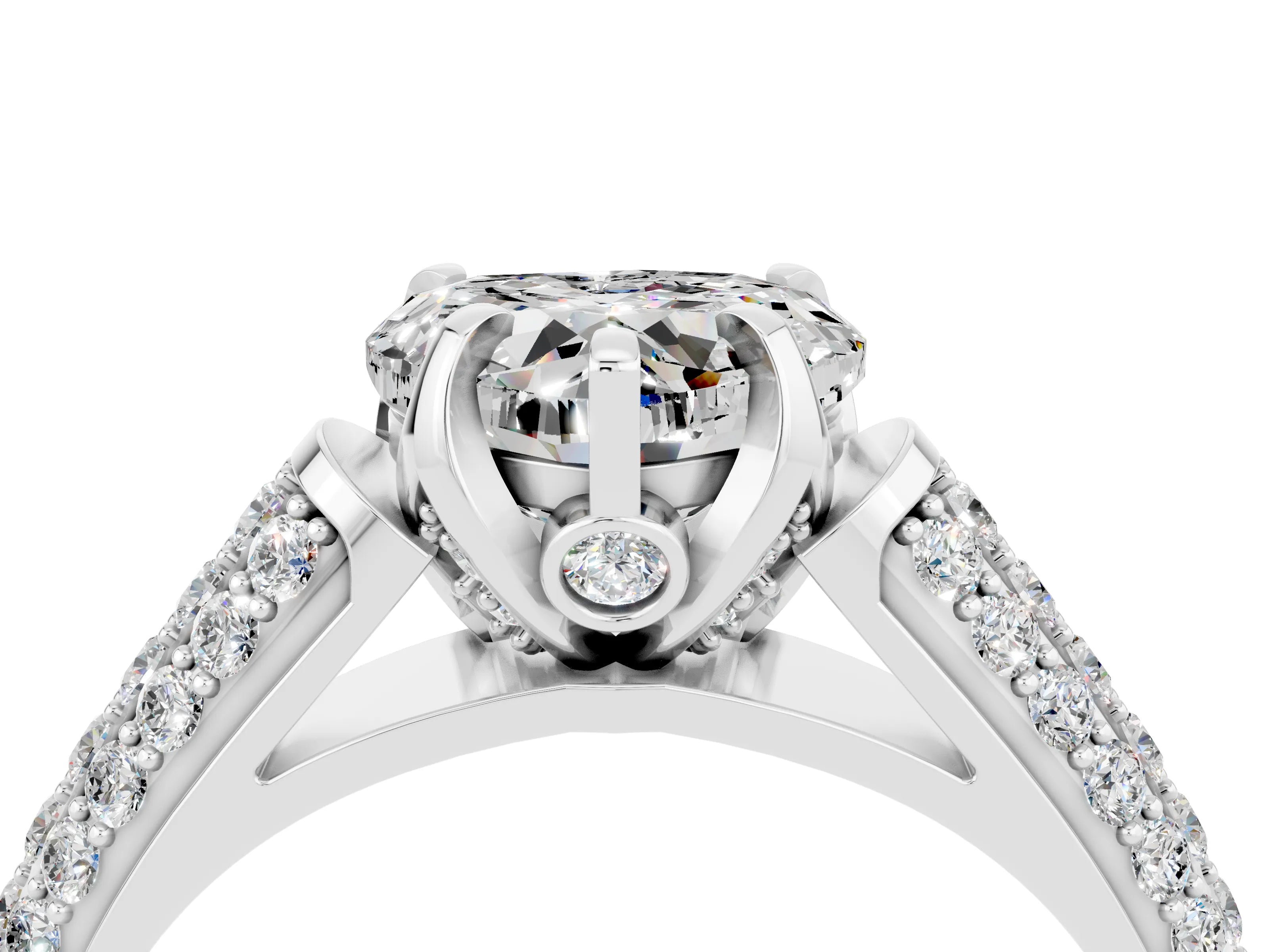 White gold Heart Cut Moissanite Solitaire Ring with Three-Row Pavé Band and Four-Prong Setting_16