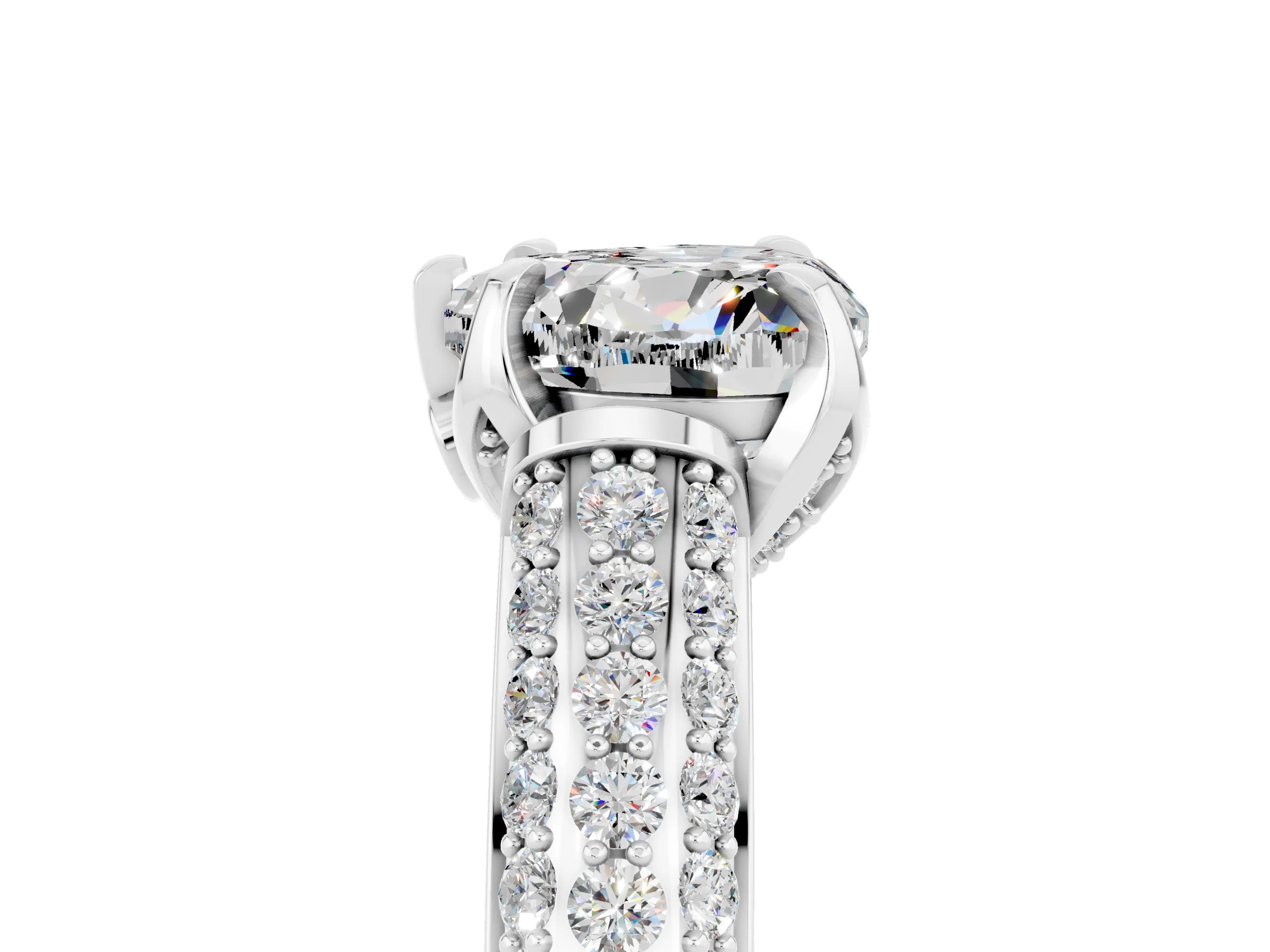 White gold Heart Cut Moissanite Solitaire Ring with Three-Row Pavé Band and Four-Prong Setting_17