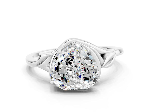 Silver Heart Cut Moissanite Solitaire Ring with Twist Band and Four-Prong Setting