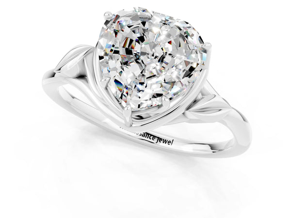 Platinum Heart Cut Moissanite Solitaire Ring with Twist Band and Four-Prong Setting