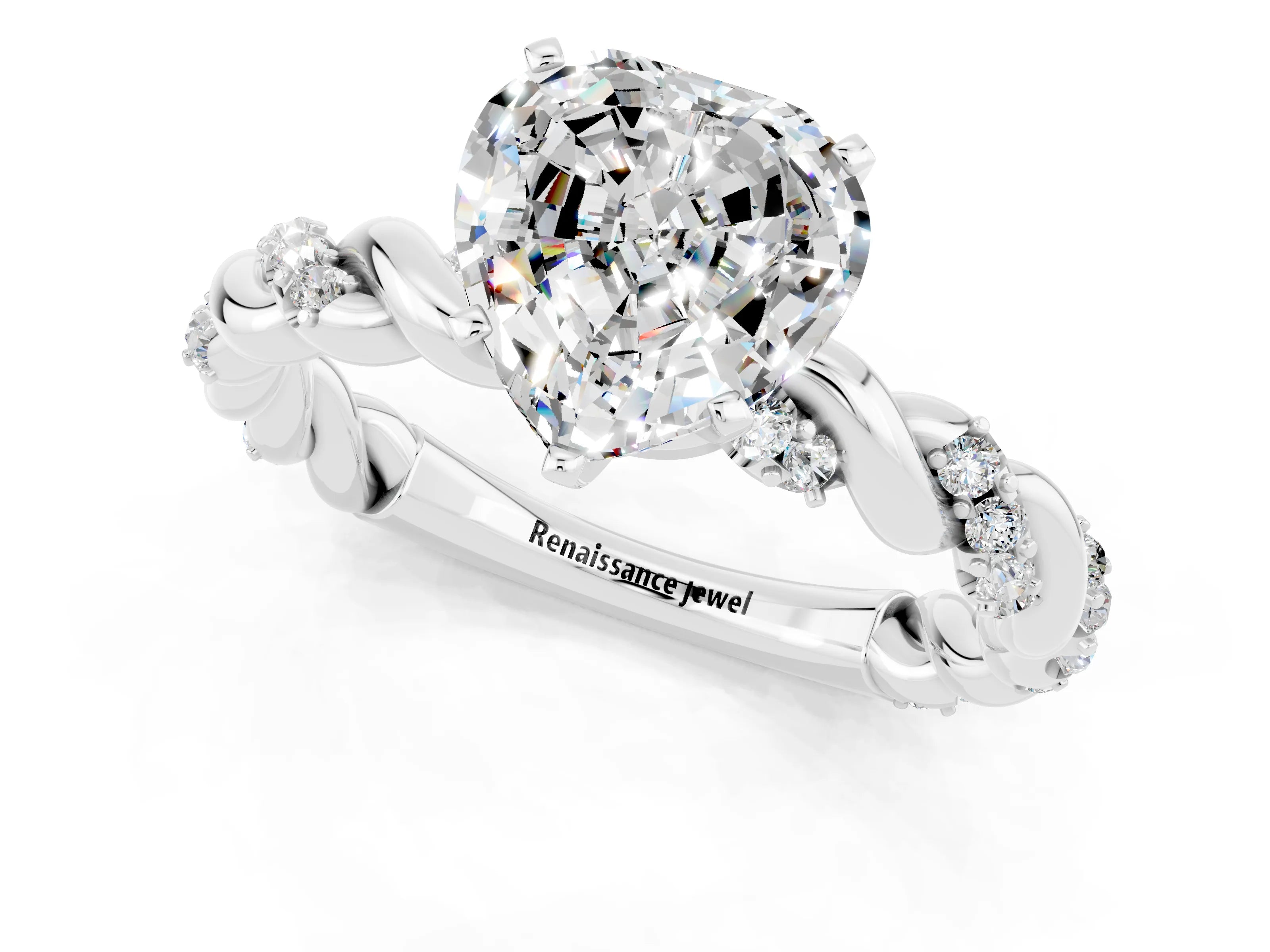 White gold Heart Cut Moissanite Solitaire Ring with Twisted Band and Pavé Accents_1