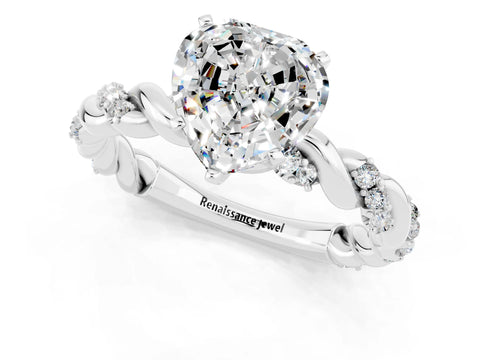 White gold Heart Cut Moissanite Solitaire Ring with Twisted Band and Pavé Accents_1