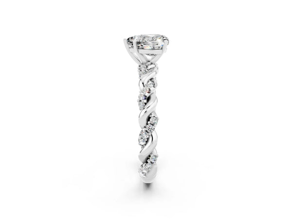 White gold Heart Cut Moissanite Solitaire Ring with Twisted Band and Pavé Accents