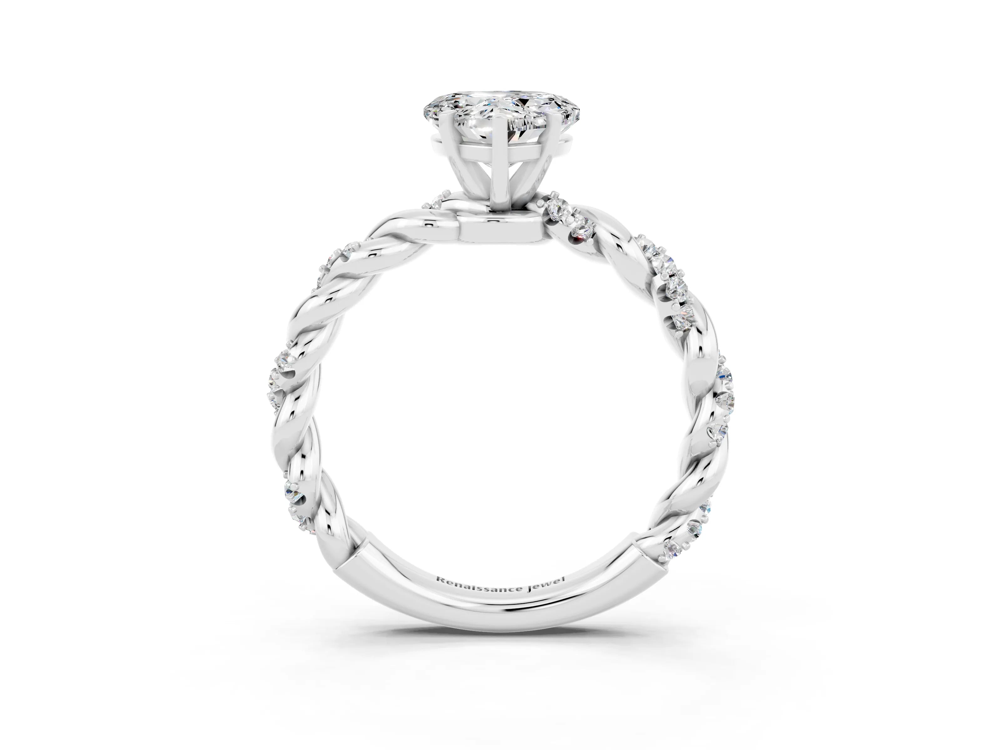 White gold Heart Cut Moissanite Solitaire Ring with Twisted Band and Pavé Accents_3