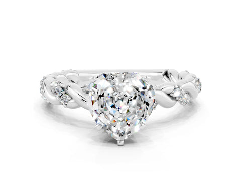 White gold Heart Cut Moissanite Solitaire Ring with Twisted Band and Pavé Accents