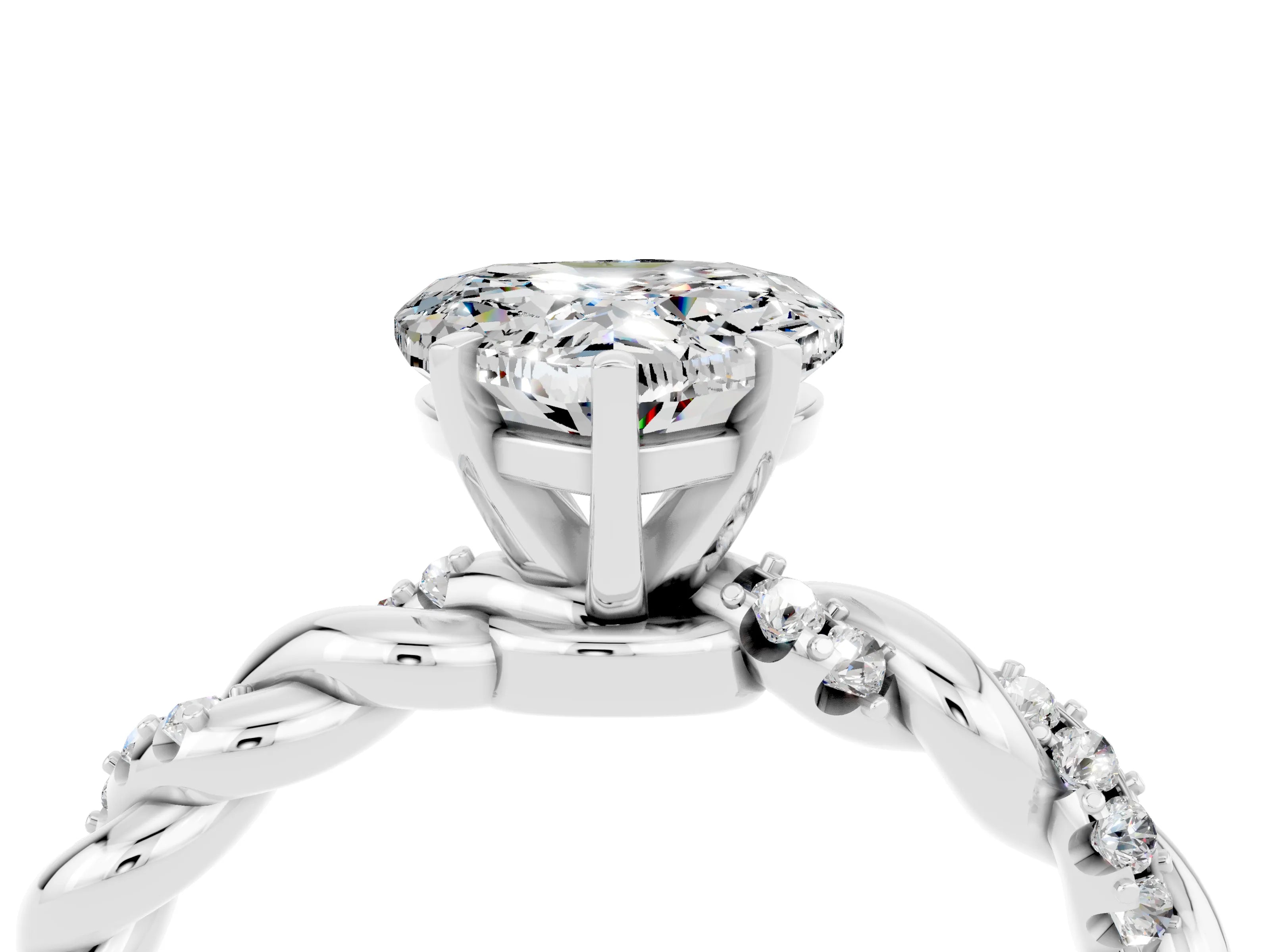 White gold Heart Cut Moissanite Solitaire Ring with Twisted Band and Pavé Accents_4