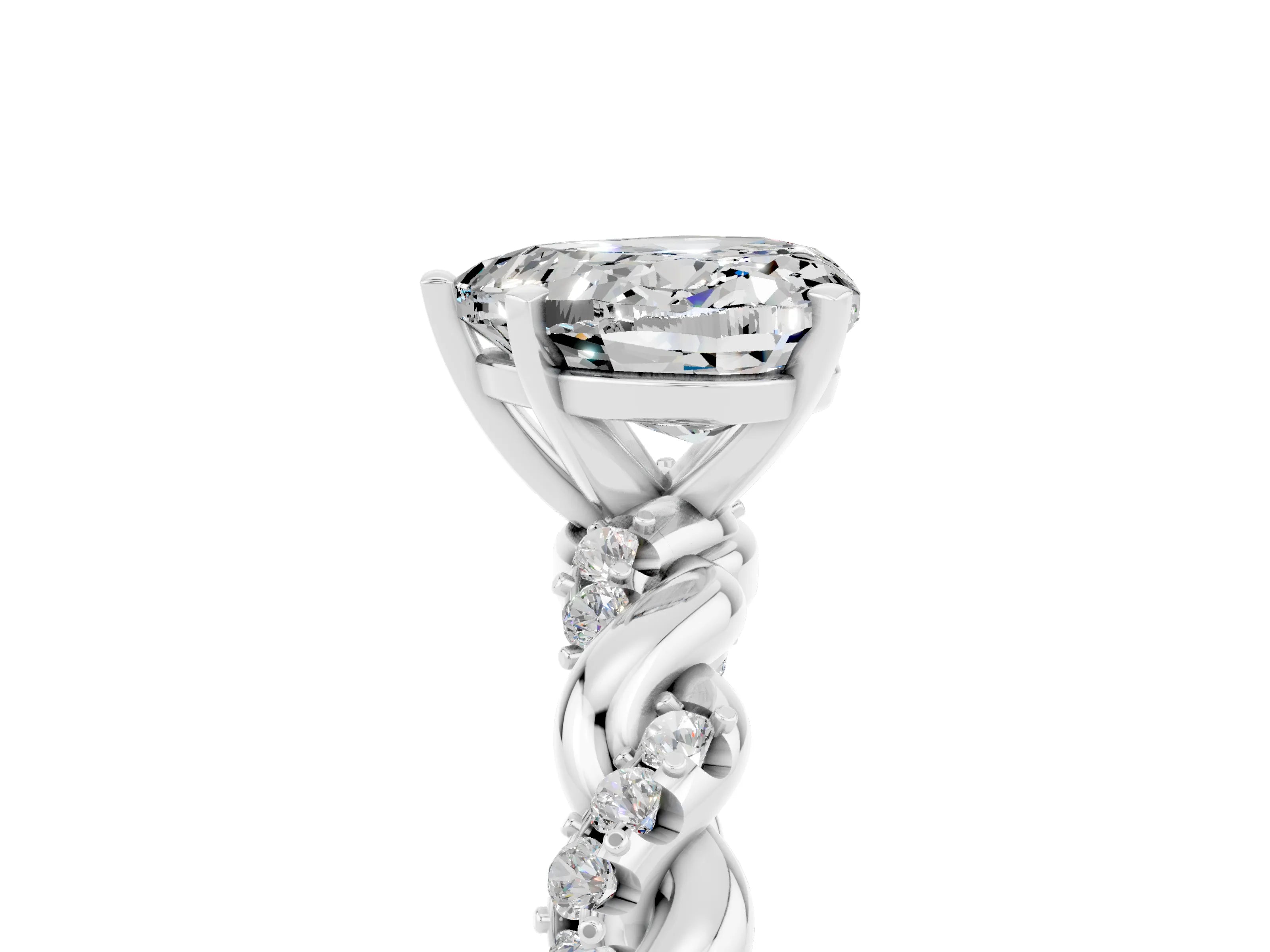 White gold Heart Cut Moissanite Solitaire Ring with Twisted Band and Pavé Accents_5