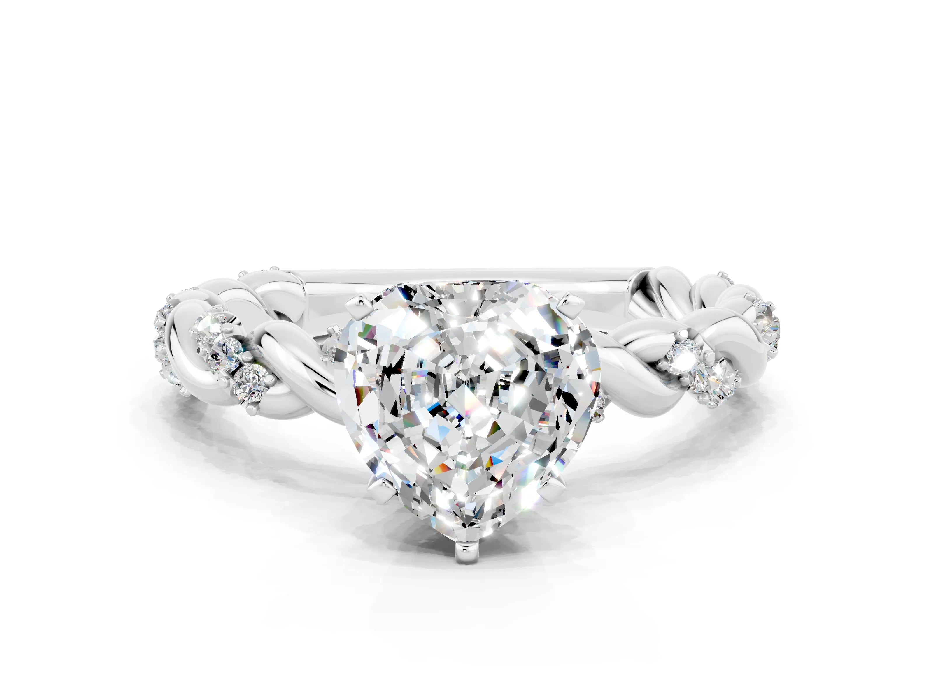 White gold Heart Cut Moissanite Solitaire Ring with Twisted Band and Pavé Accents
