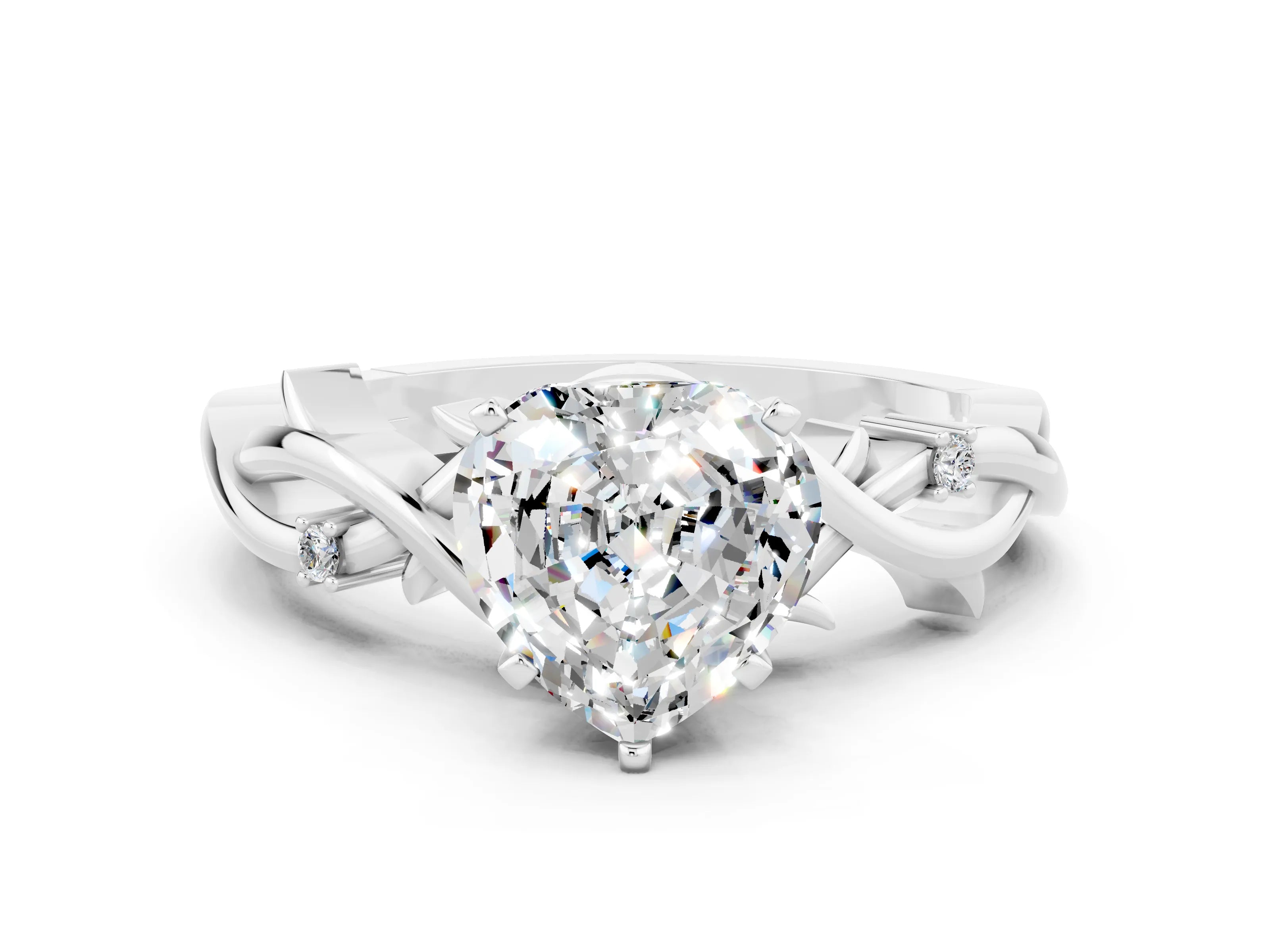 White gold Heart Cut Moissanite Solitaire Ring with Twisted Band and Prong Setting