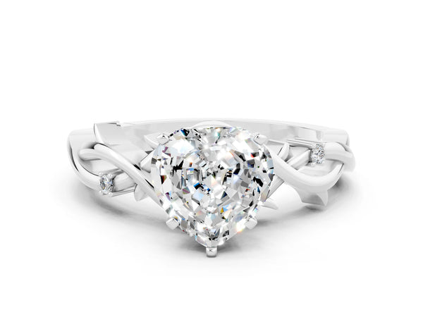 Platinum Heart Cut Moissanite Solitaire Ring with Twisted Band and Prong Setting
