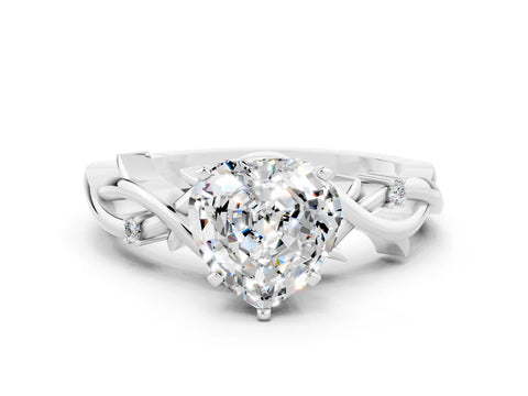 White gold Heart Cut Moissanite Solitaire Ring with Twisted Band and Prong Setting