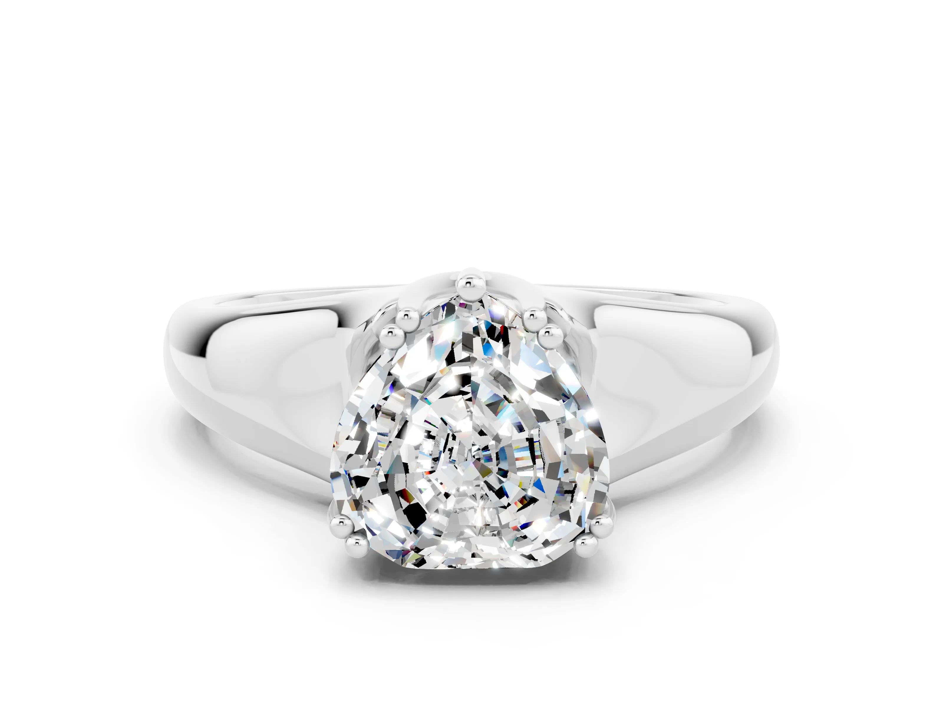 White gold Heart Cut Moissanite Solitaire Ring with Wide Band and Prong Setting