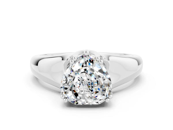 Platinum Heart Cut Moissanite Solitaire Ring with Wide Band and Prong Setting