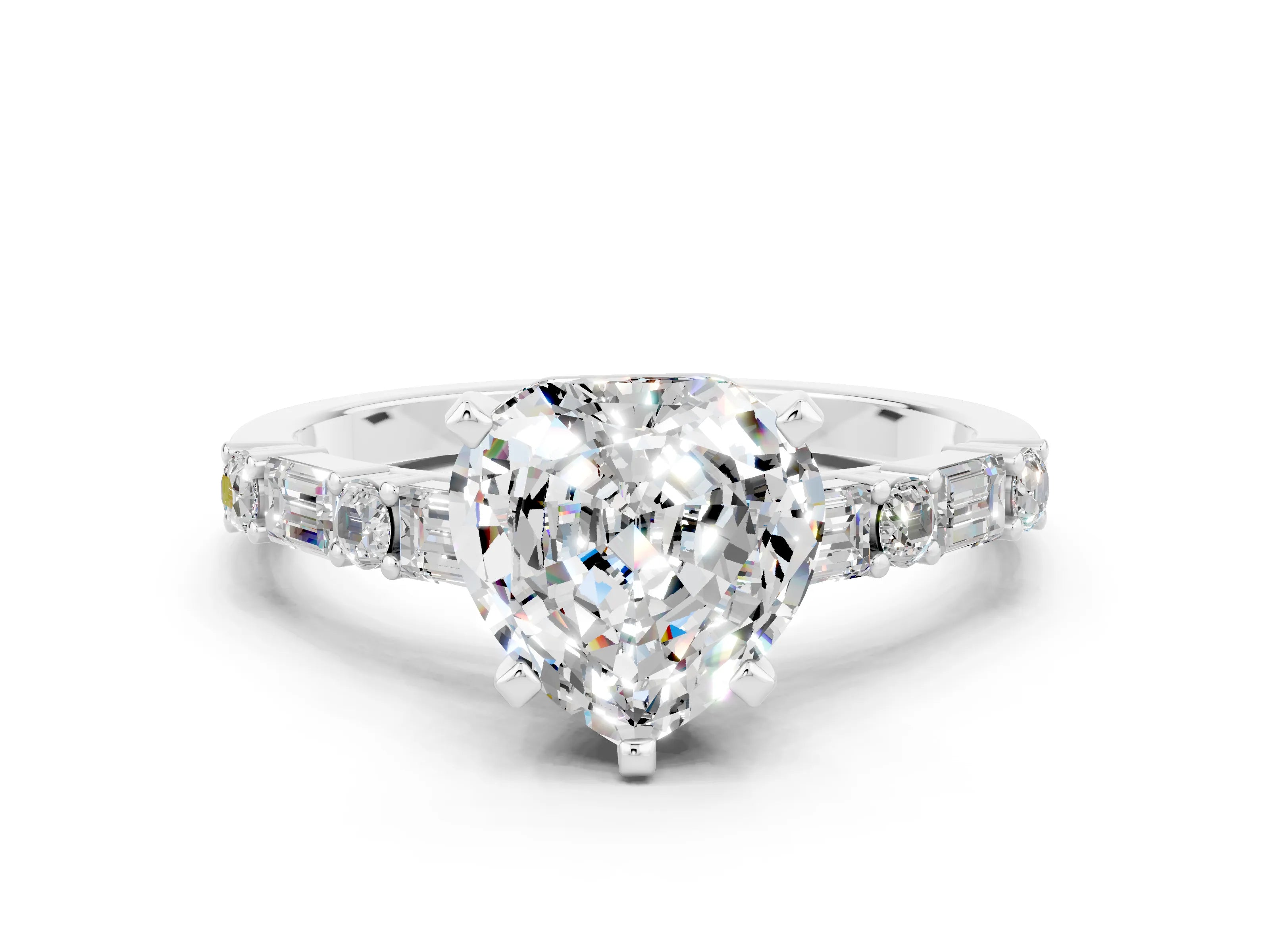 White gold Heart Cut Moissanite Solitaire with Side Baguettes and Channel Set Band
