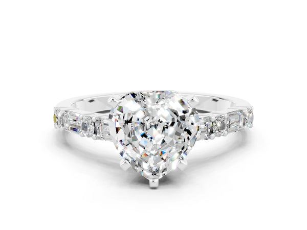 Platinum Heart Cut Moissanite Solitaire with Side Baguettes and Channel Set Band