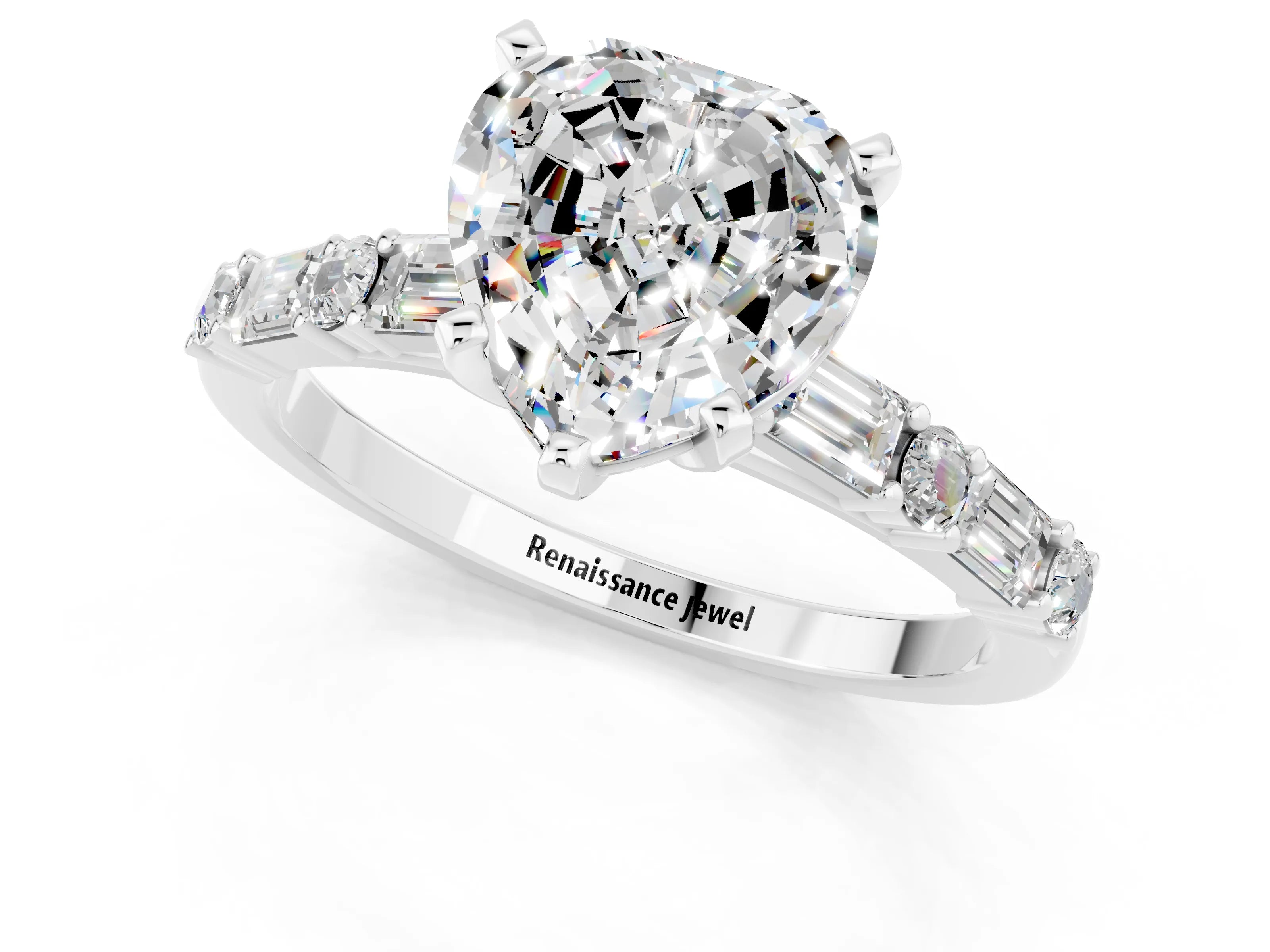 White gold Heart Cut Moissanite Solitaire with Side Baguettes and Channel Set Band_1