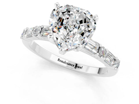 White gold Heart Cut Moissanite Solitaire with Side Baguettes and Channel Set Band_1