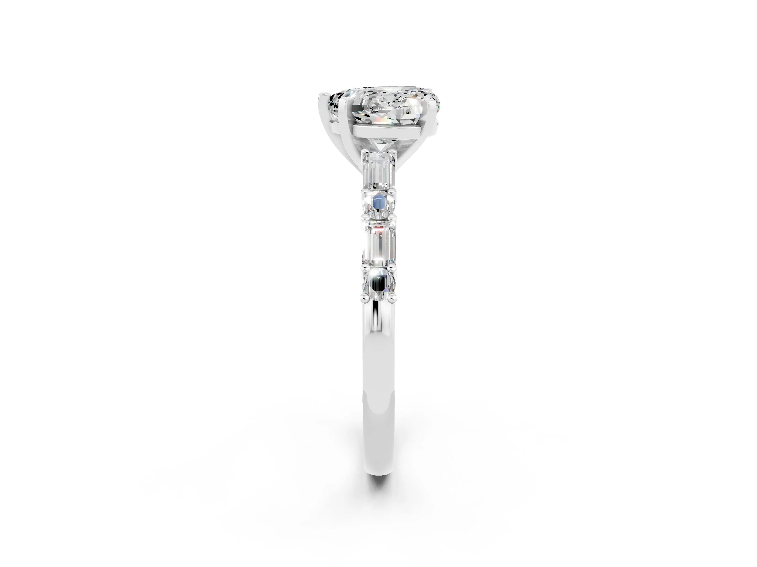 White gold Heart Cut Moissanite Solitaire with Side Baguettes and Channel Set Band_2