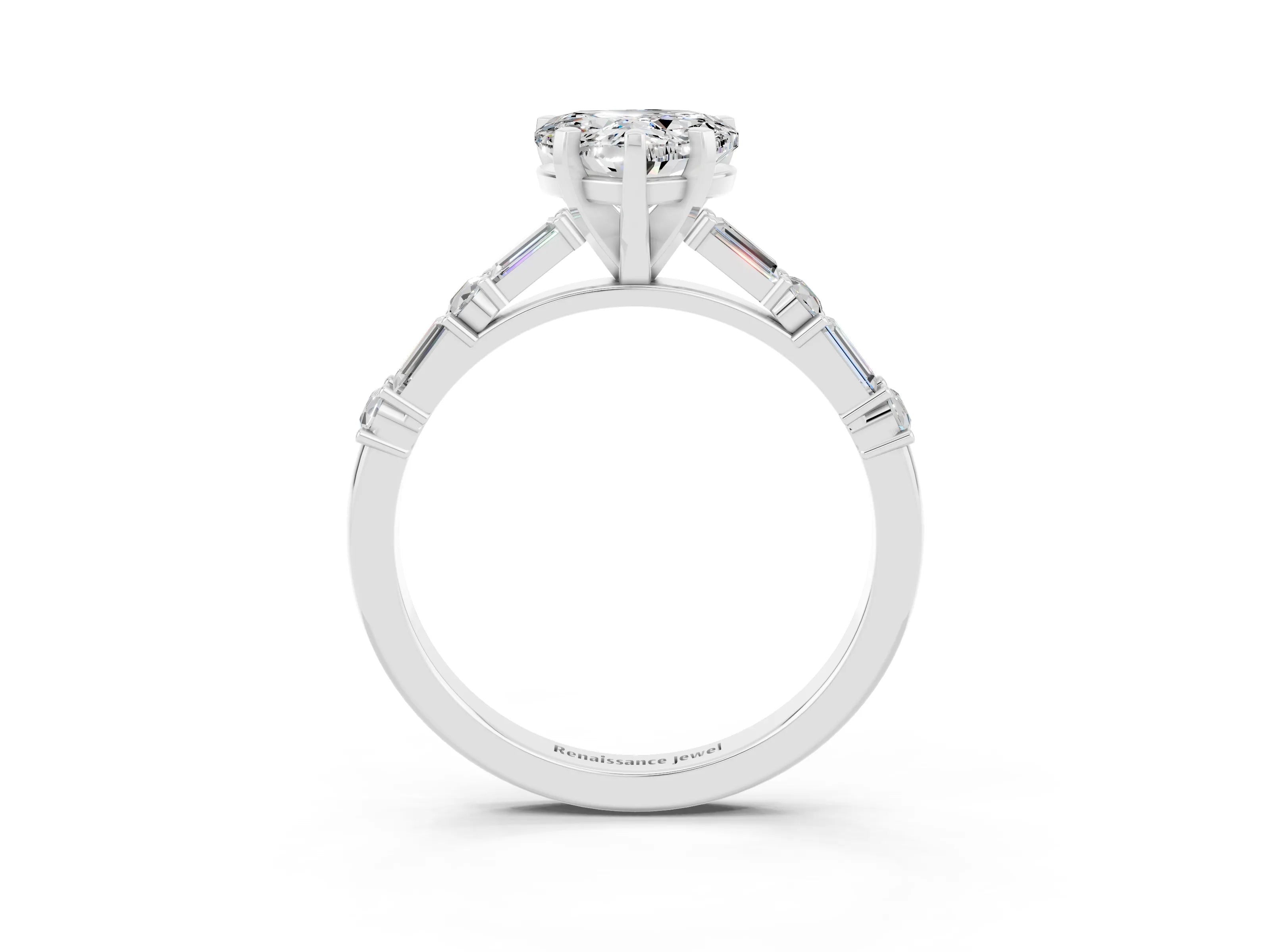 White gold Heart Cut Moissanite Solitaire with Side Baguettes and Channel Set Band_3