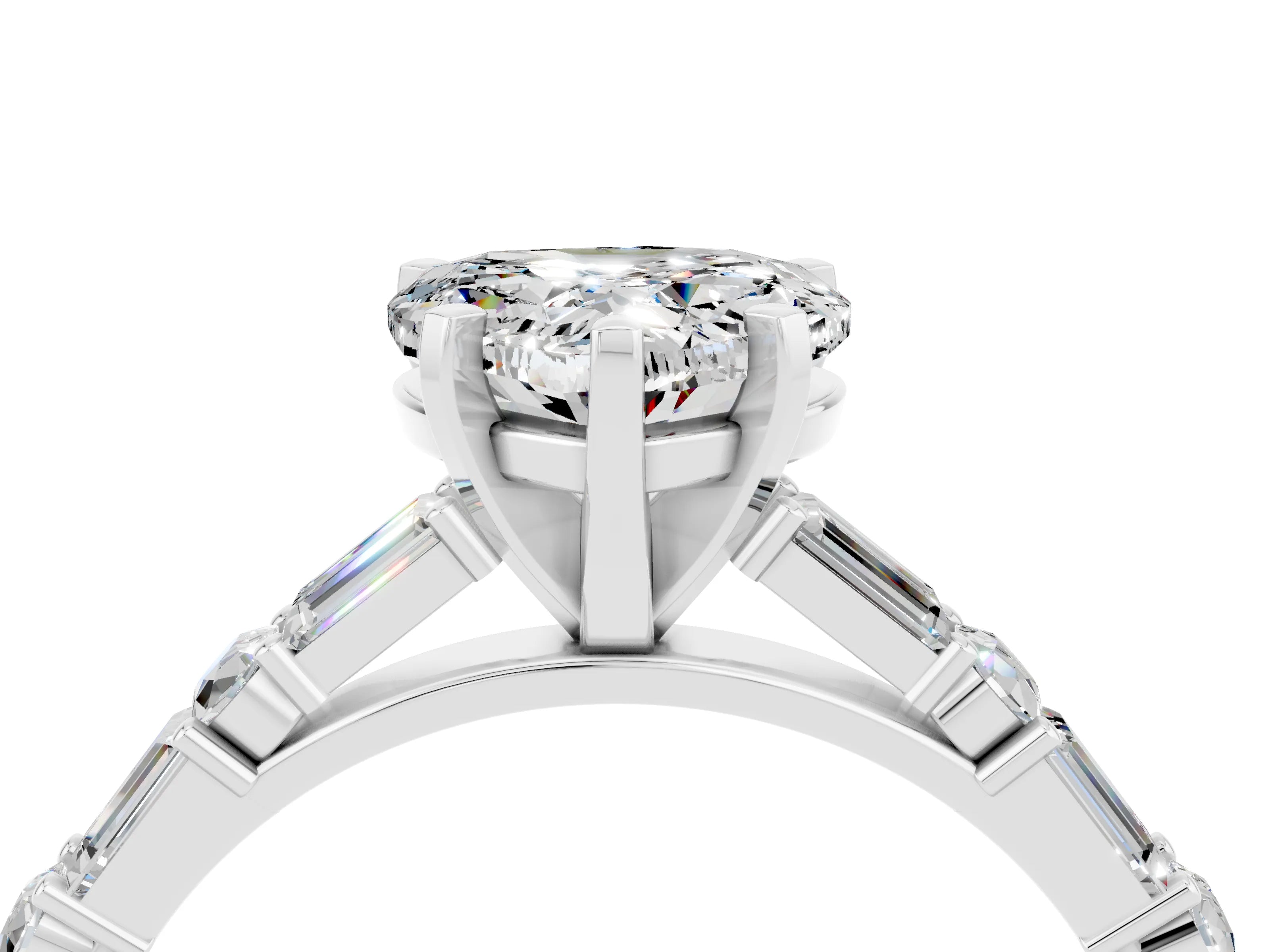 White gold Heart Cut Moissanite Solitaire with Side Baguettes and Channel Set Band_4