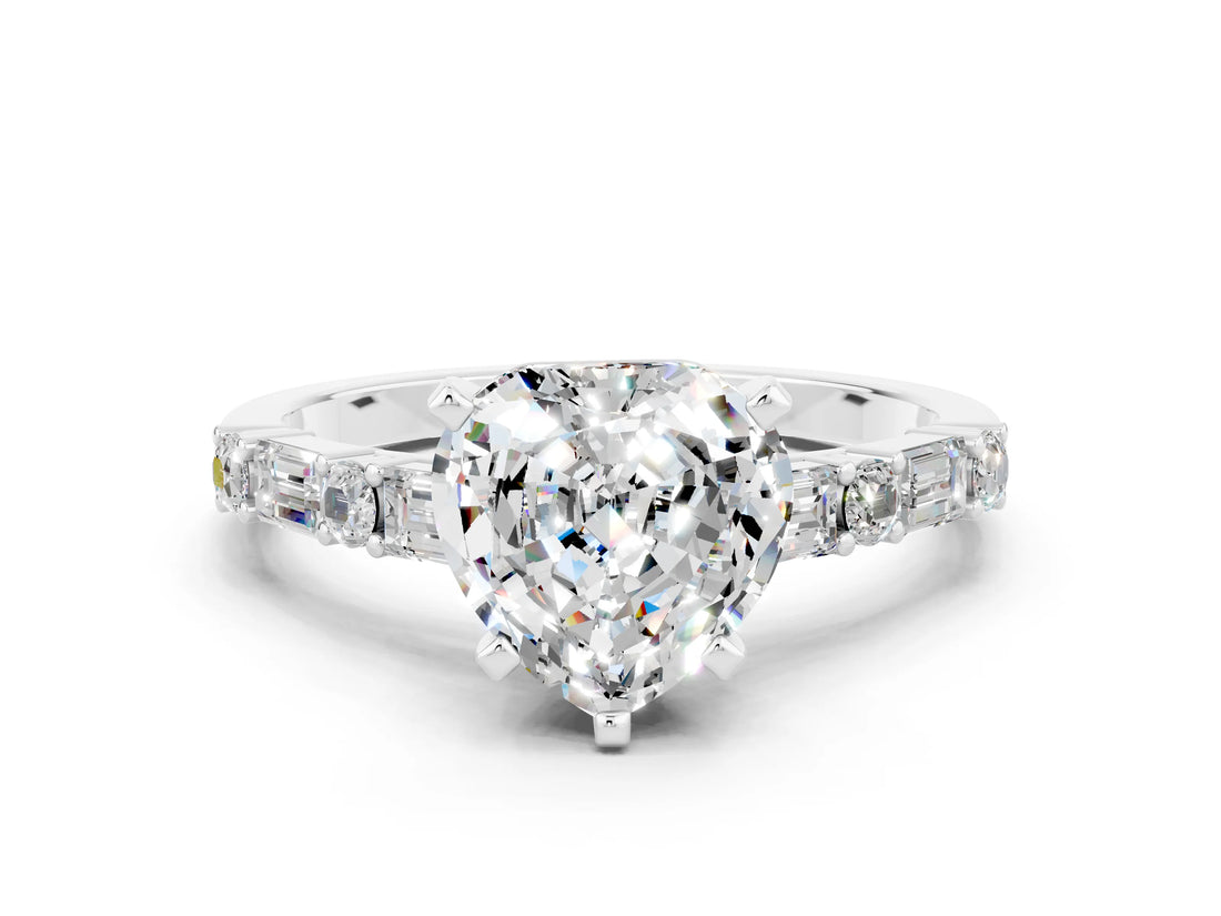White gold Heart Cut Moissanite Solitaire with Side Baguettes and Channel Set Band