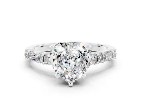 White gold Heart Cut Moissanite Solitaire with Side Baguettes and Channel Set Band