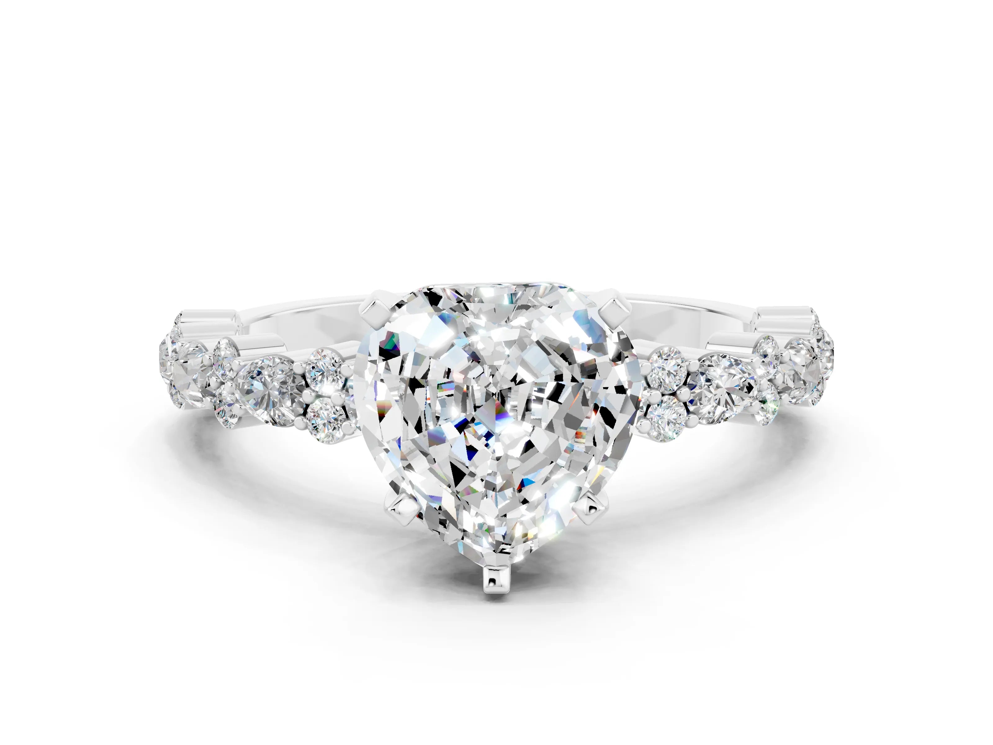 White gold Heart Cut Moissanite Solitaire with Side Stones, Pave Band, Four-Prong Setting_12