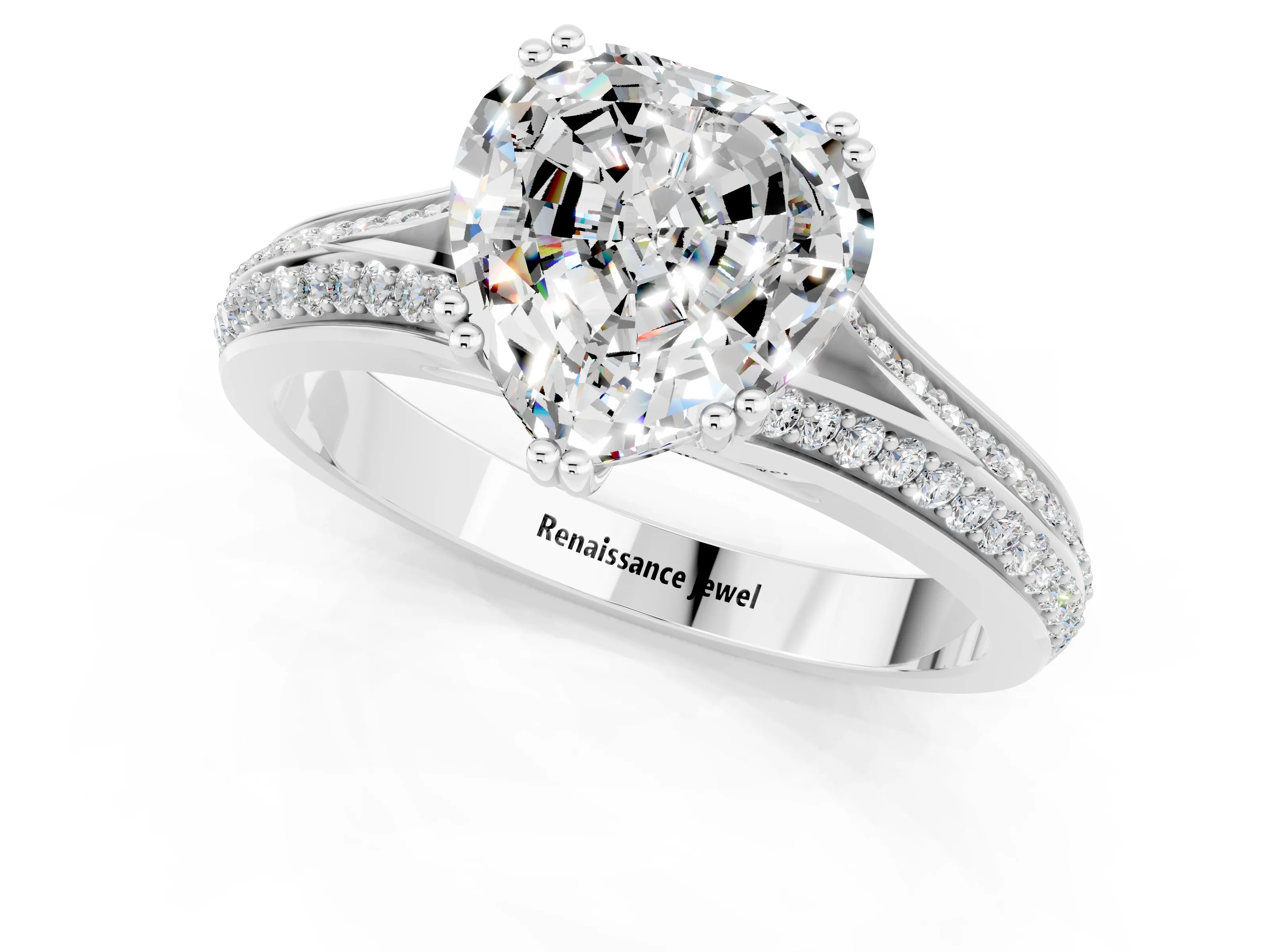 White gold Heart Cut Moissanite Split Shank Engagement Ring with Pavé Band_1