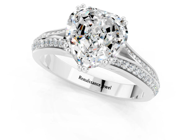 White gold Heart Cut Moissanite Split Shank Engagement Ring with Pavé Band
