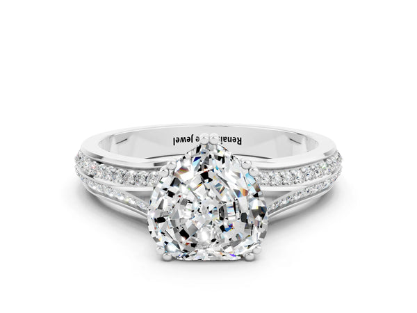Silver Heart Cut Moissanite Split Shank Engagement Ring with Pavé Band