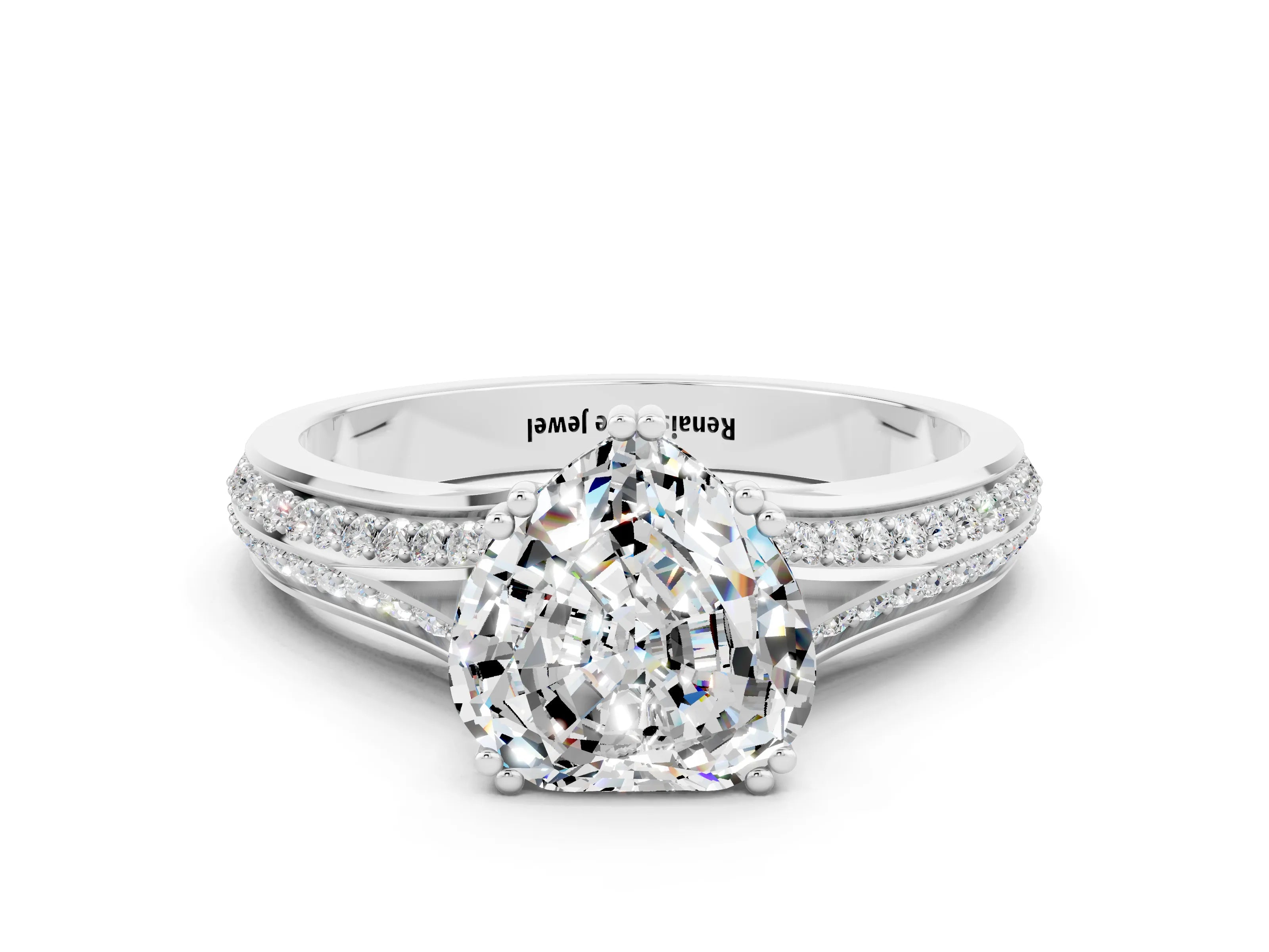 White gold Heart Cut Moissanite Split Shank Engagement Ring with Pavé Band