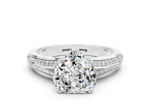 White gold Heart Cut Moissanite Split Shank Engagement Ring with Pavé Band