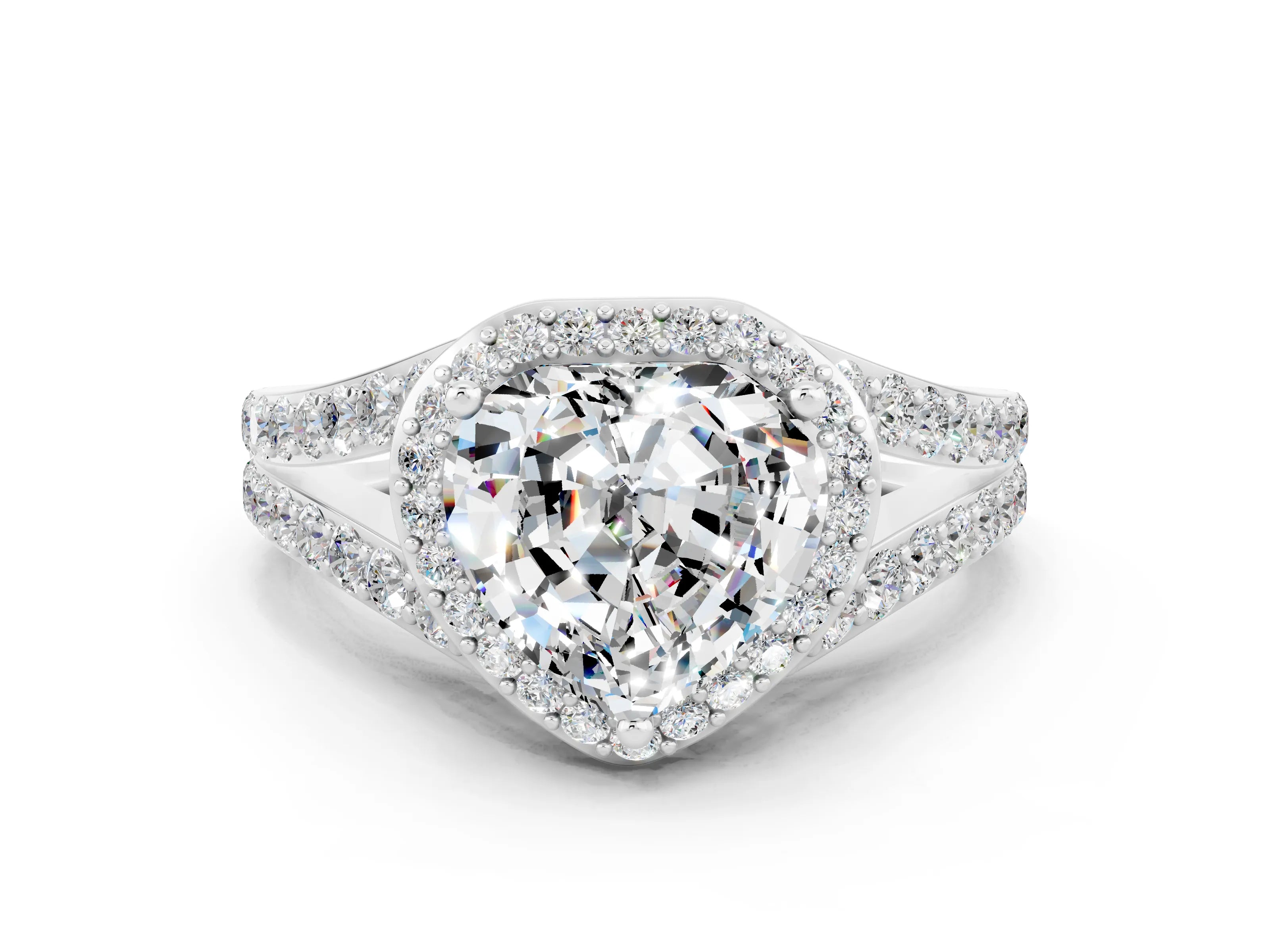 White gold Heart Cut Moissanite Split Shank Halo Ring with Four-Prong Setting_10