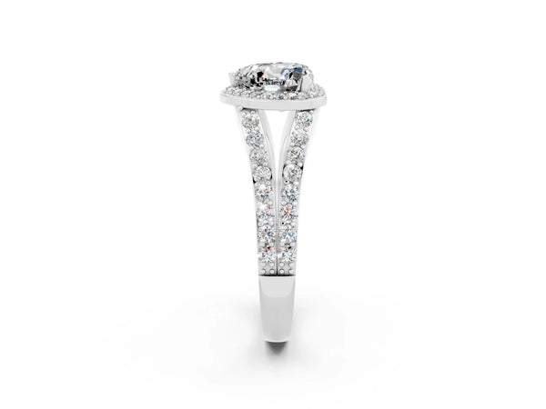 Silver Heart Cut Moissanite Split Shank Halo Ring with Four-Prong Setting
