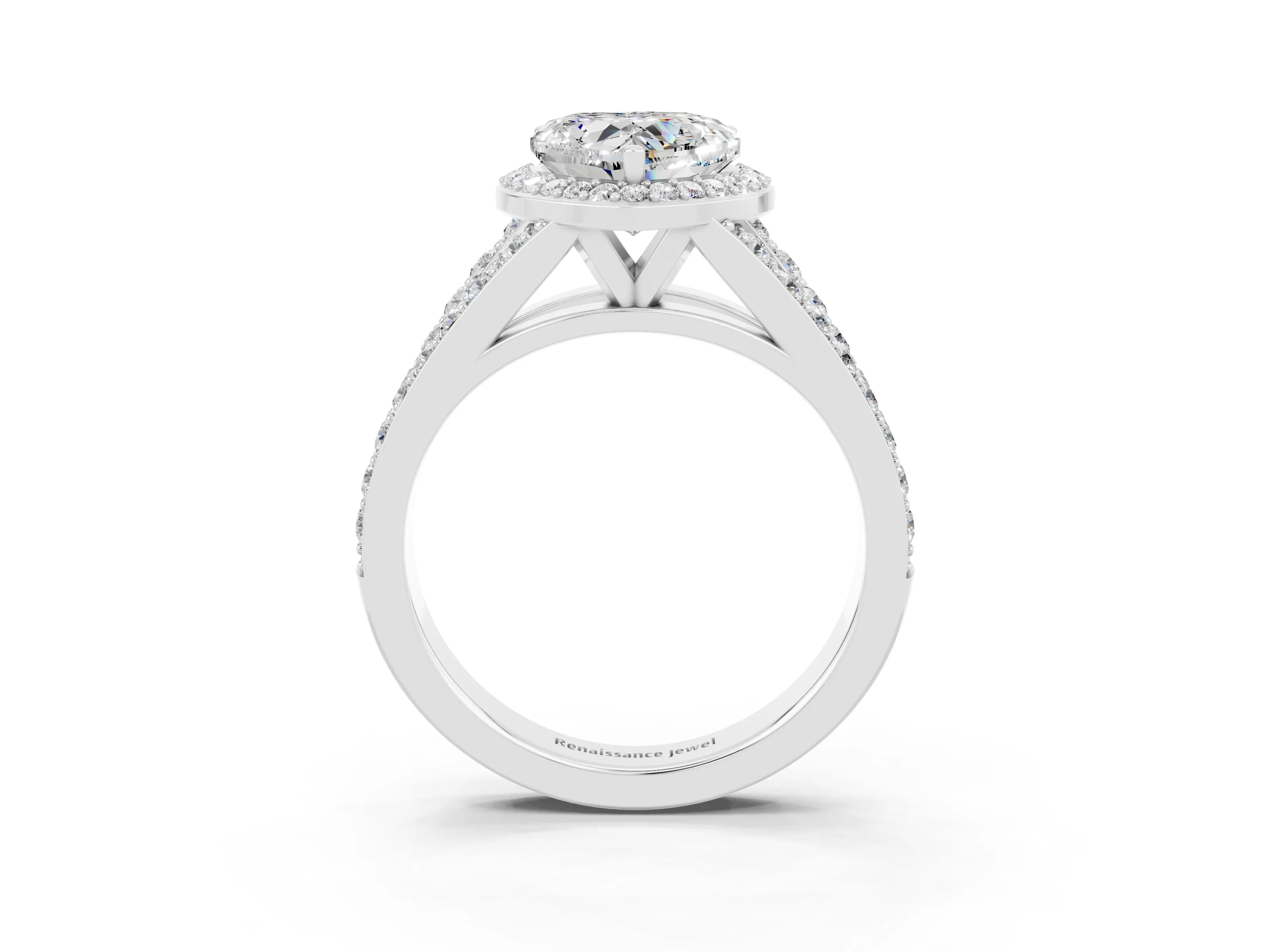 White gold Heart Cut Moissanite Split Shank Halo Ring with Four-Prong Setting_13
