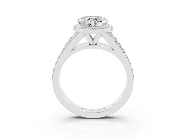 Silver Heart Cut Moissanite Split Shank Halo Ring with Four-Prong Setting