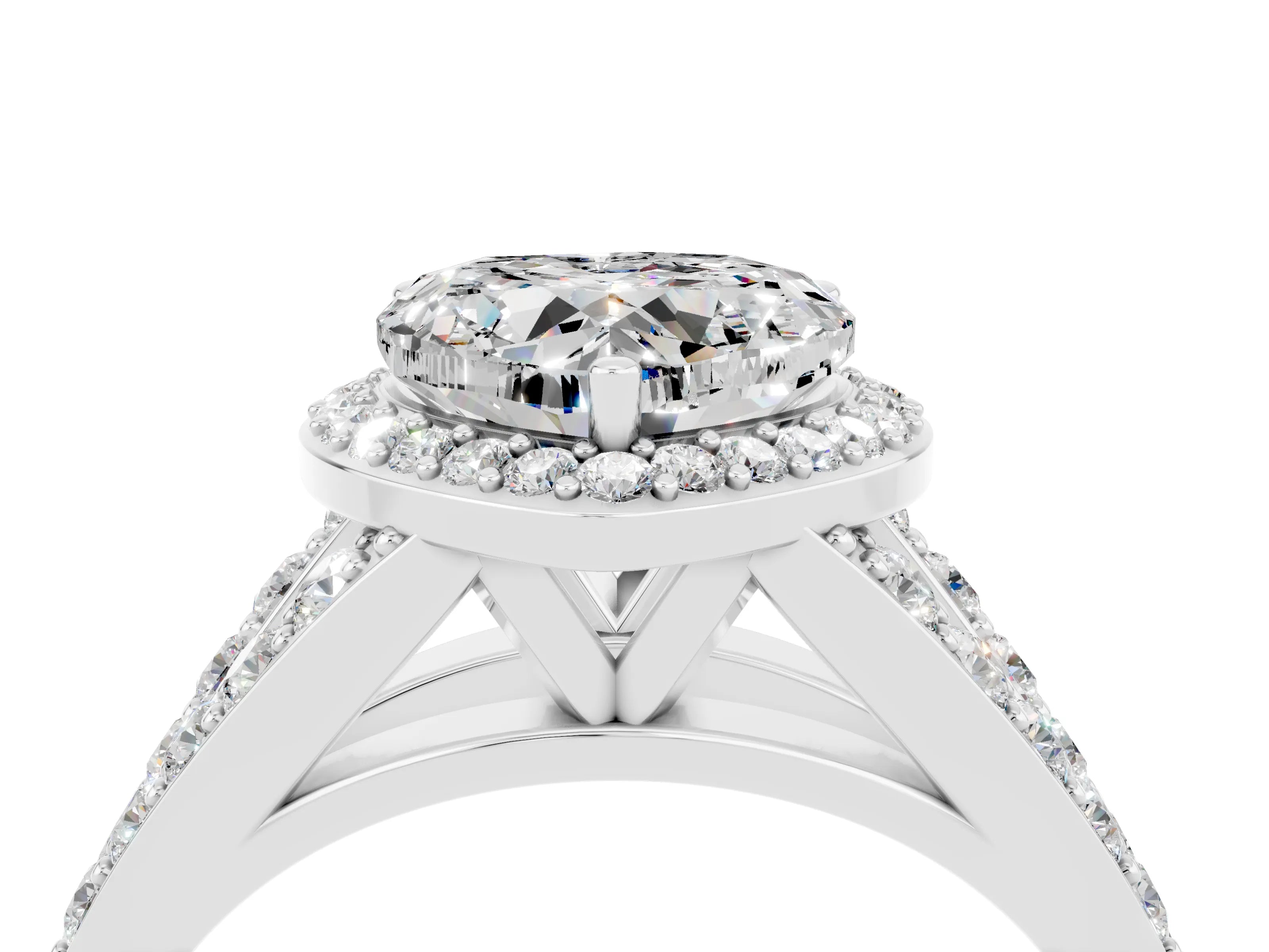 White gold Heart Cut Moissanite Split Shank Halo Ring with Four-Prong Setting_14