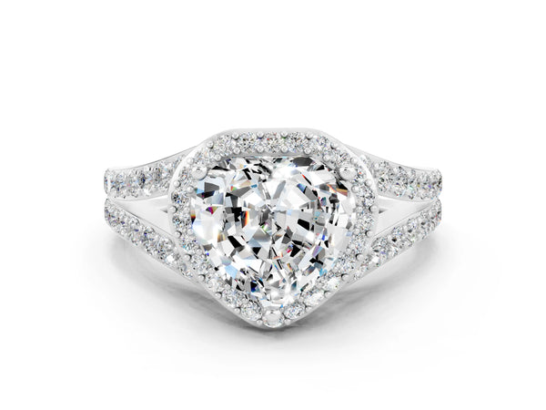 White gold Heart Cut Moissanite Split Shank Halo Ring with Four-Prong Setting
