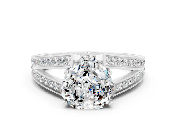 Platinum Heart Cut Moissanite Split Shank Ring with Pavé Band and Four-Prong Setting
