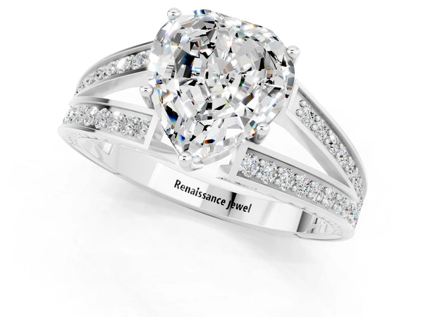 Platinum Heart Cut Moissanite Split Shank Ring with Pavé Band and Four-Prong Setting