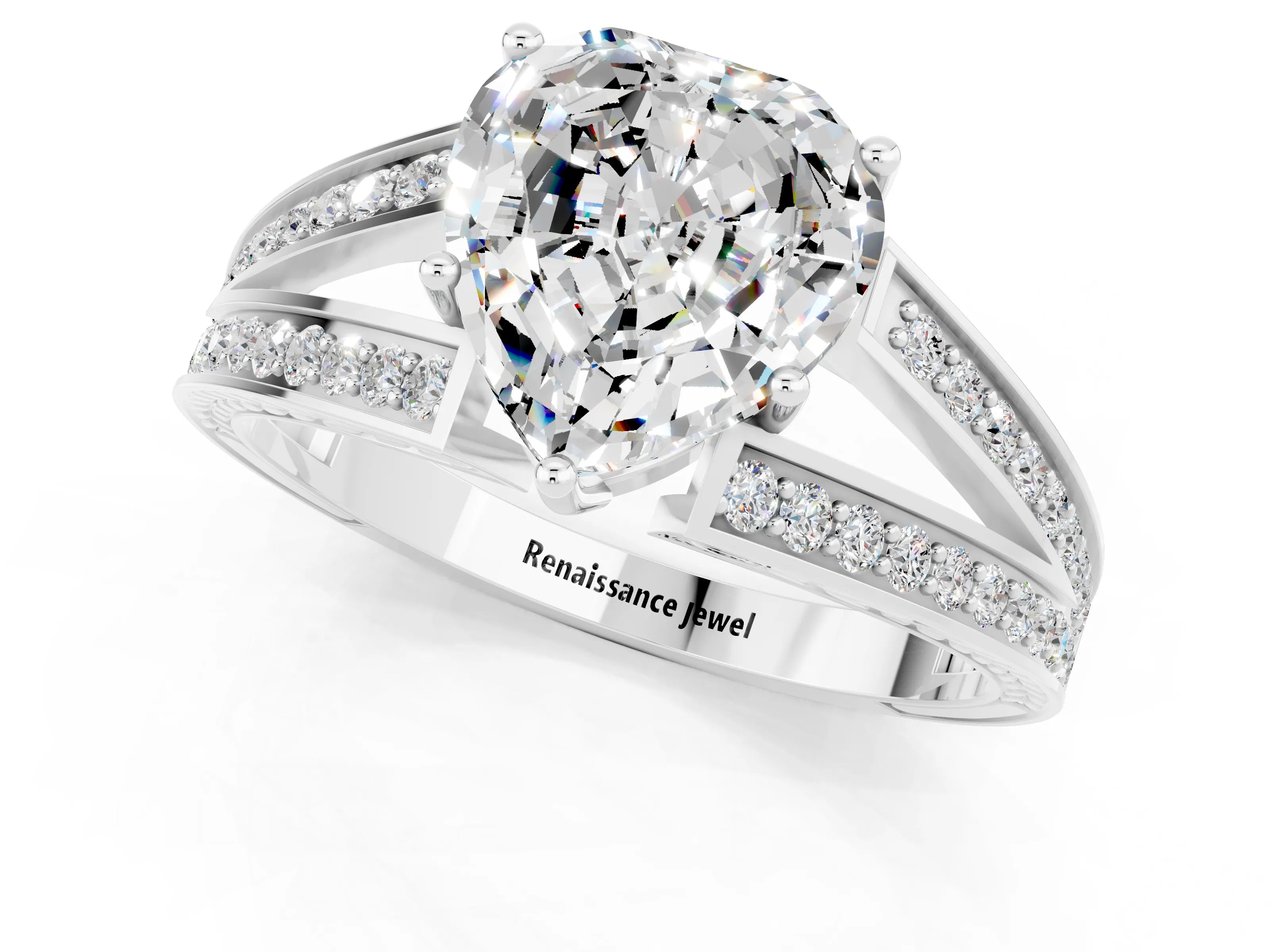 White gold Heart Cut Moissanite Split Shank Ring with Pavé Band and Four-Prong Setting_1