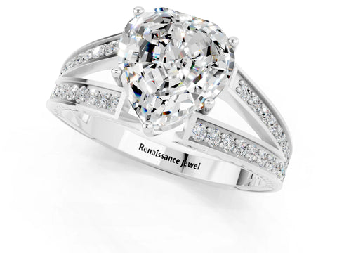 White gold Heart Cut Moissanite Split Shank Ring with Pavé Band and Four-Prong Setting_1